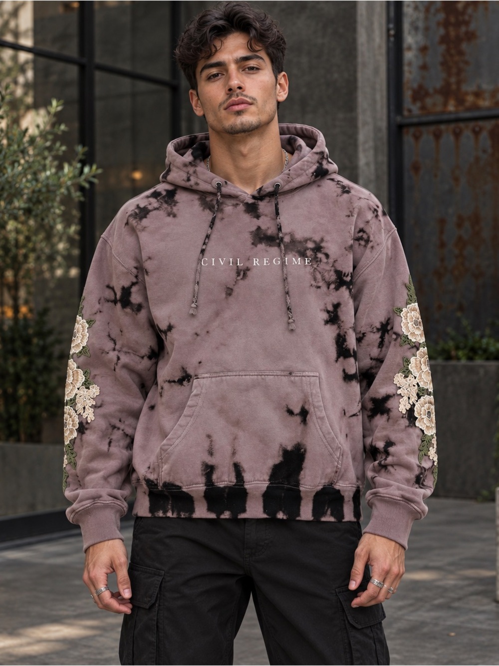 CIVIL REGIME Mauve Purple Black Tie Dye Floral Embroidered Hoodie Size L